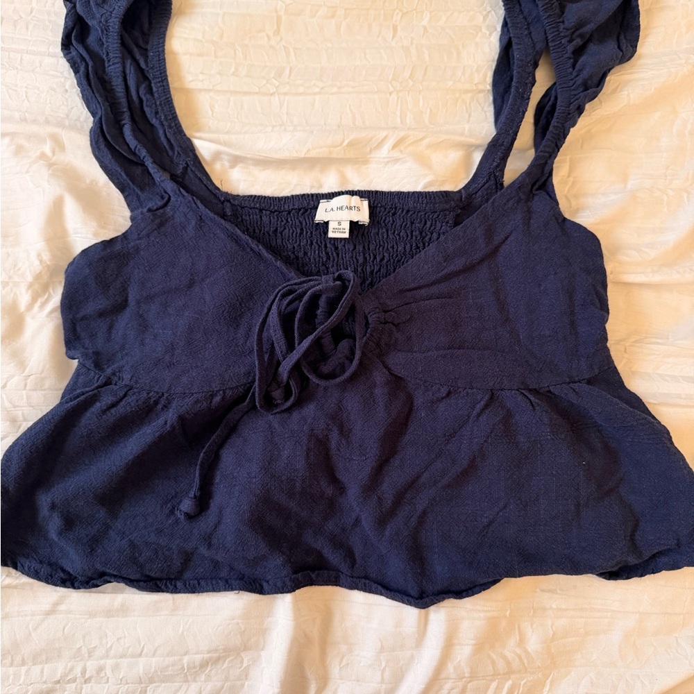 La Hearts Navy Tie-Front Peplum Tank Top